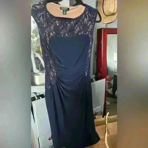 Lauren Ralph Lauren Navy Blue Lace Sequin Gathered Stretch Dress - Picture 7 of 9